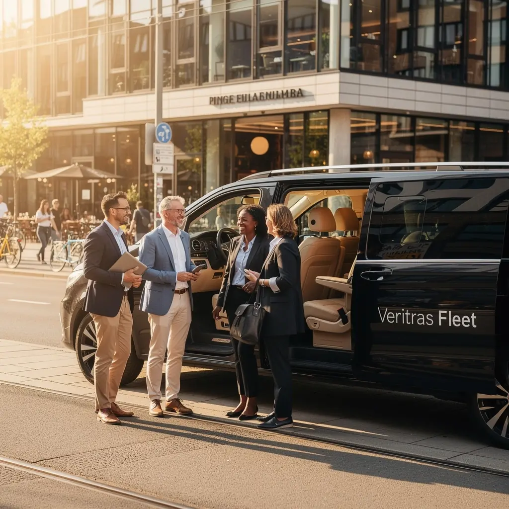 Ein großer Flughafen mit einem Parkplatz für Mietfahrzeuge im Vordergrund.