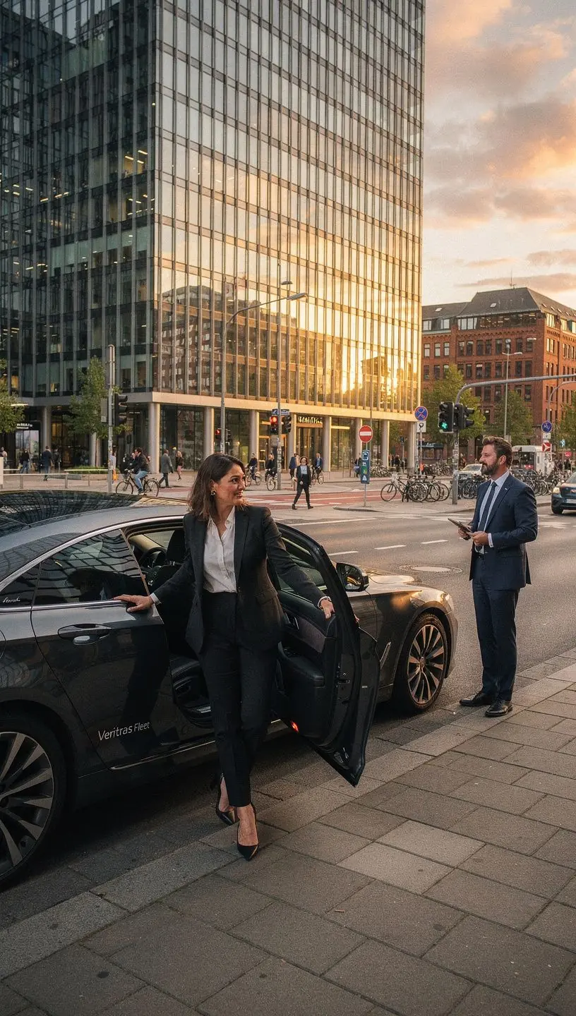 Ein Mitarbeiter übergibt die Schlüssel eines Mietwagens an einen zufriedenen Kunden.