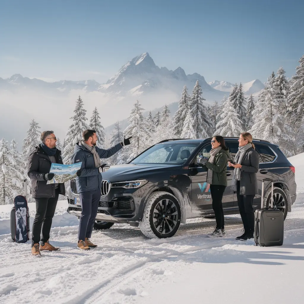 Ein Team von Geschäftspersonen bespricht die Fahrzeugauswahl in einem Konferenzraum.