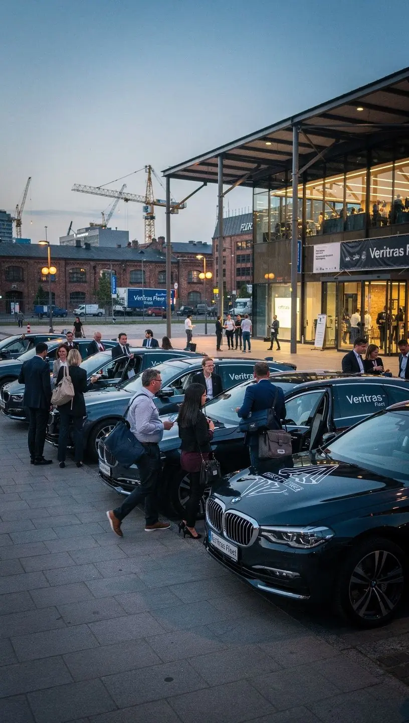 Ein Mietwagen mit einem Firmenlogo auf der Motorhaube vor einer internationalen Messe.