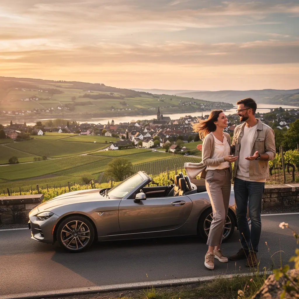 Ein eleganter Geschäftswagen parkt vor einem modernen Bürogebäude.